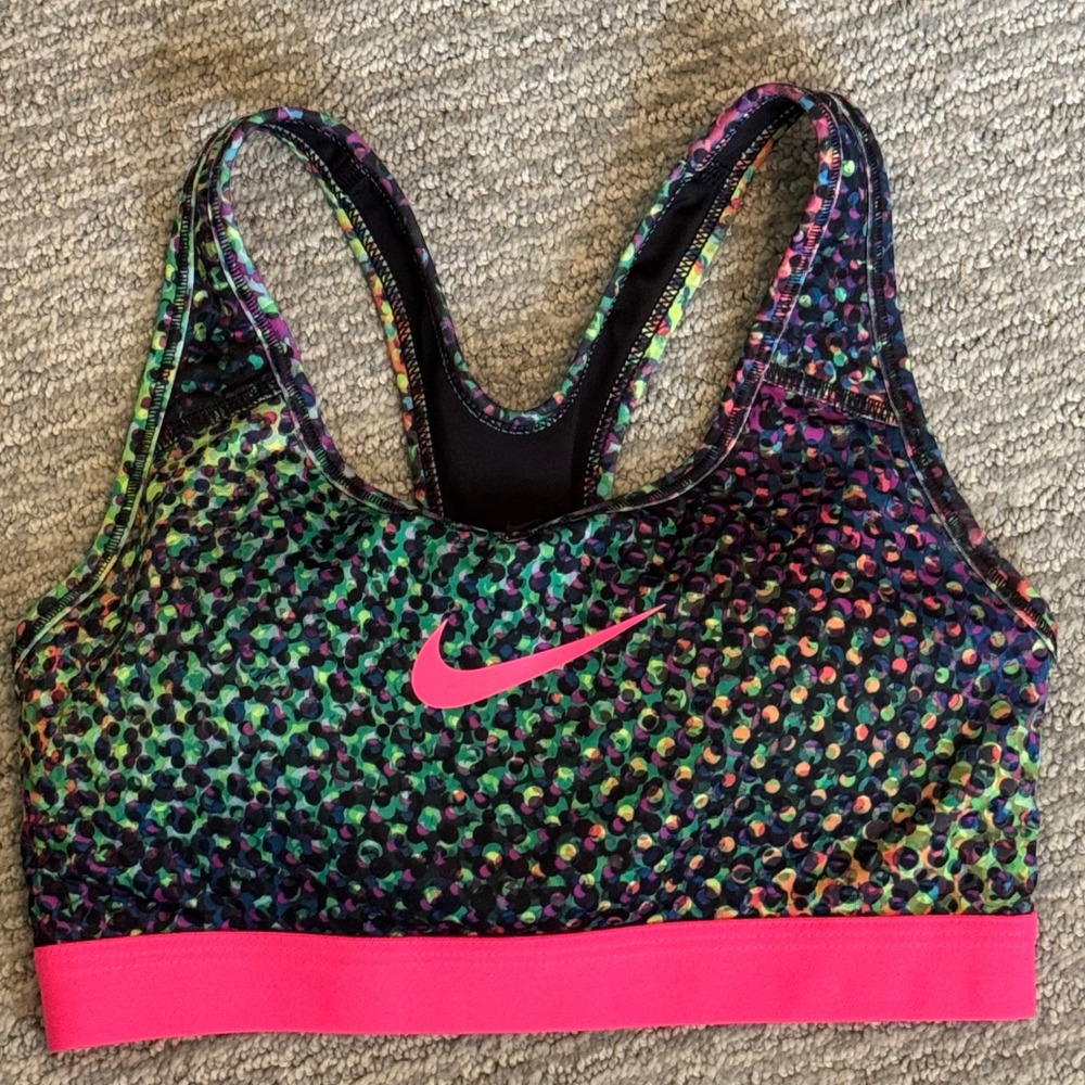Nike Dri-FIT Sports Bra Womens XS Multicolor Pixel Dot Racerback Pink Swoosh
